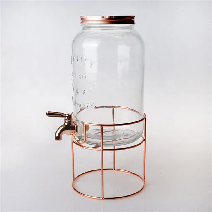 Glass Drink Dispenser with Metal Rose Gold Holder