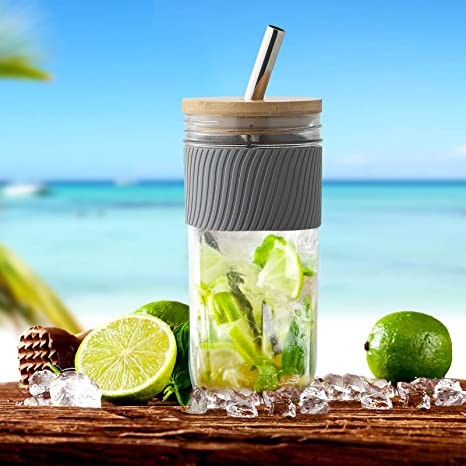 Glass Cups Set Mason Jar With Bamboo Lid Straw