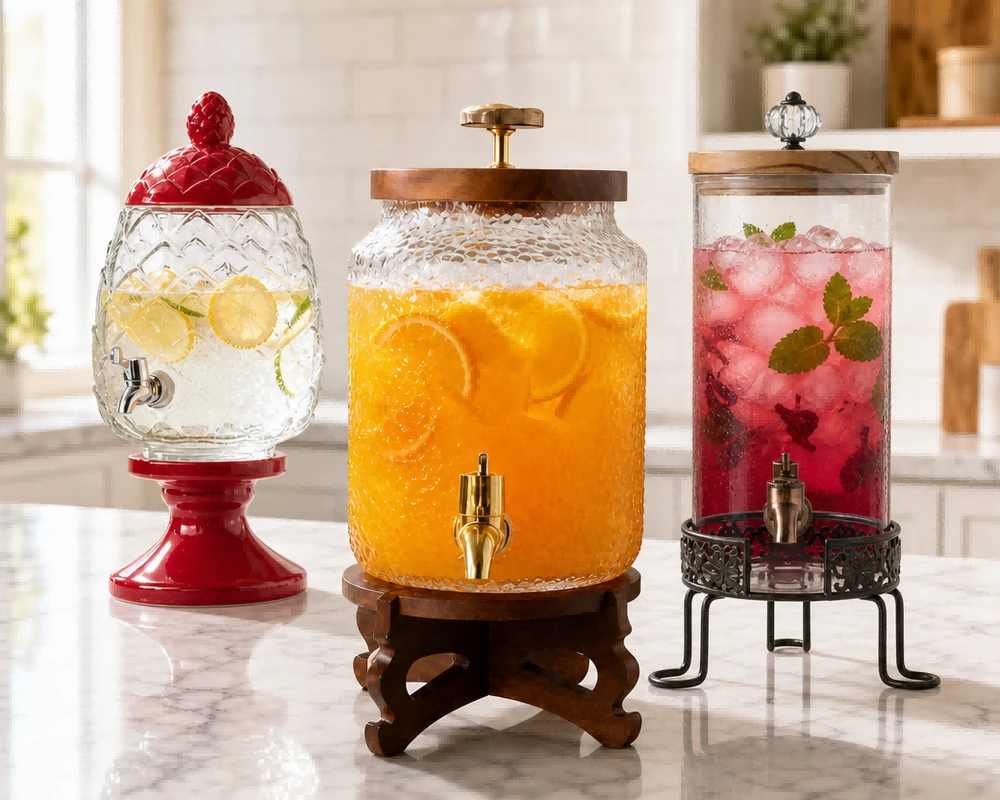 Custom glass beverage dispensers with spigot for buffet and events Custom glass beverage dispensers with spigot for buffet and events